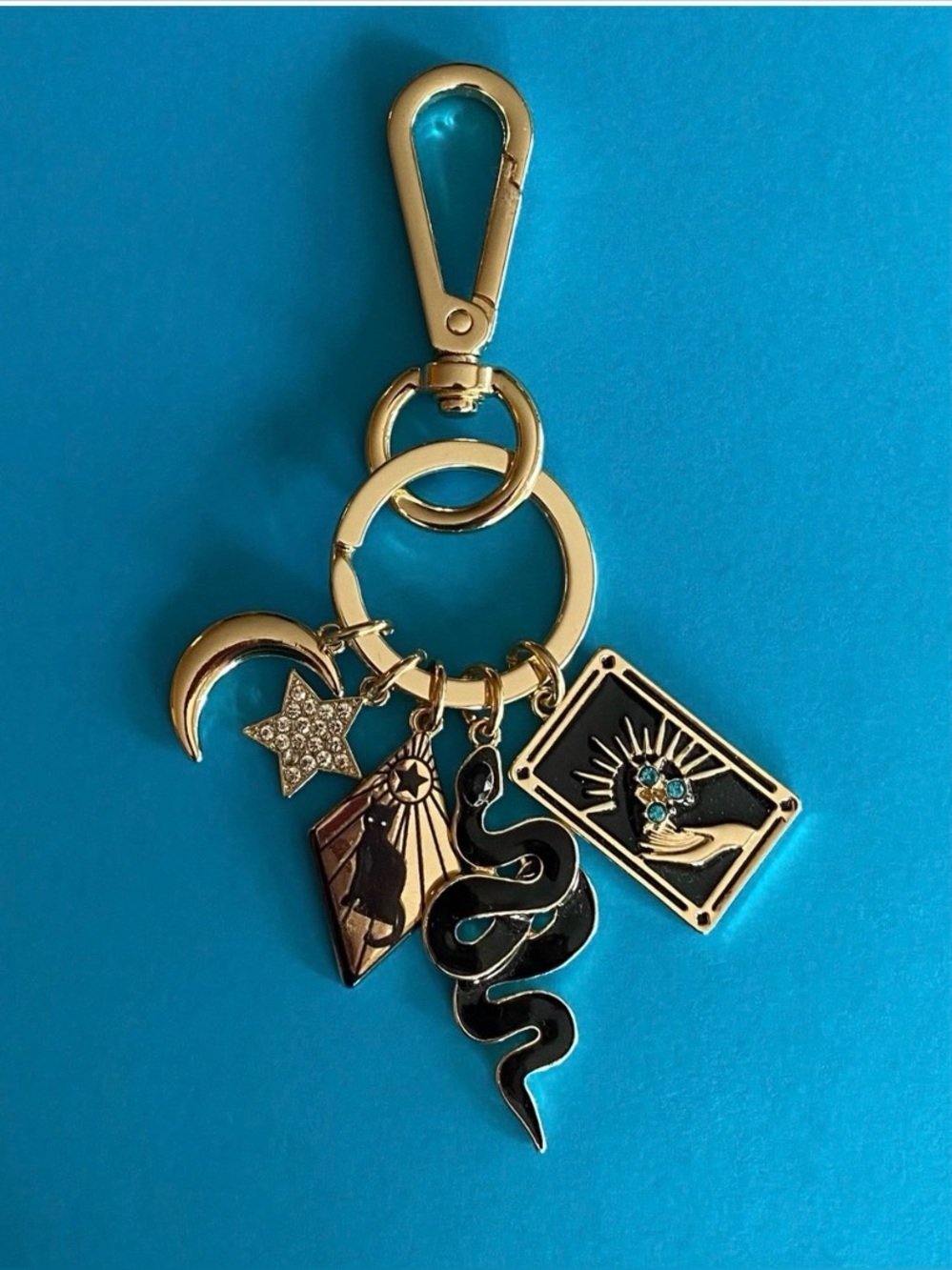True to Form Gold-tone Tarot & Snake Charm Keychain with Black Enamel